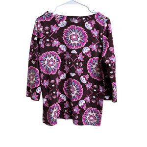 Croft & Barrow Floral Cotton 3/4 Sleeve Knit Top Brown Purple Women M